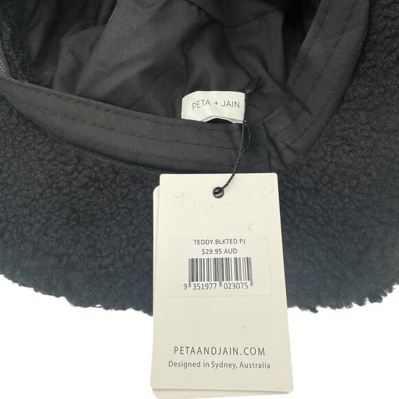 Peta + Jain Fuzzy Teddy Bucket Packable Beach Sun Hat in Black with Gold Logo - Picture 3 of 4